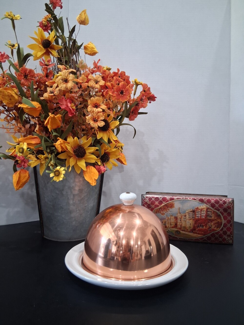 VTG 'Mauviel' Style,Ceramic Dish+Copper Cloché Cheese/Butter Dish Pls Read VGUC